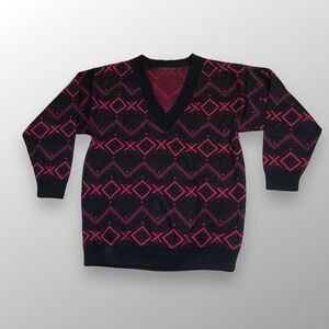 Pink Black Graphic V Neck Sweater